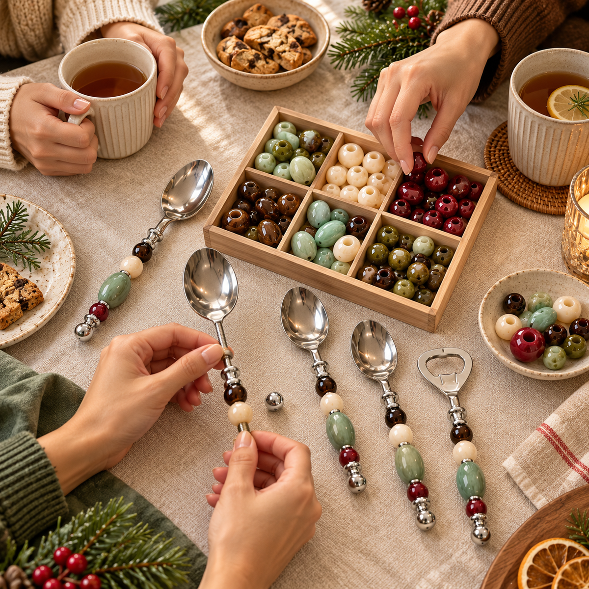 Creative gathering inspiration showing adults arranging resin beads and cutlery
