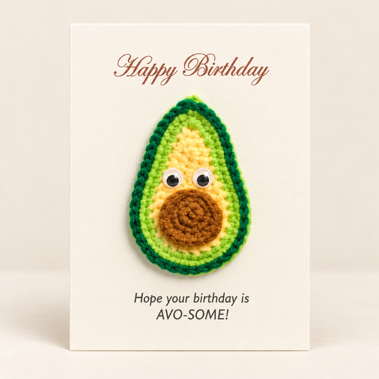 Handmade crochet avocado greeting card on portrait cream cardstock with birthday wording
