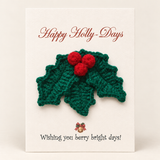 Handmade crochet holly Christmas greeting card on cream cardstock
