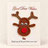 Handmade crochet reindeer Christmas greeting card on cream cardstock