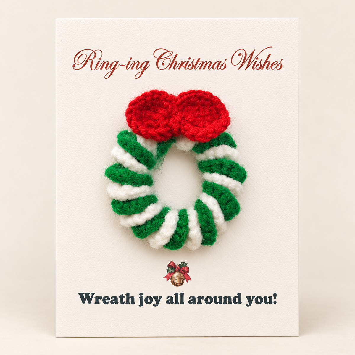 Handmade crochet wreath Christmas greeting card on cream cardstock