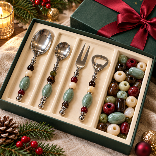 Styled concept gift box showing four bead-handled utensils and resin beads