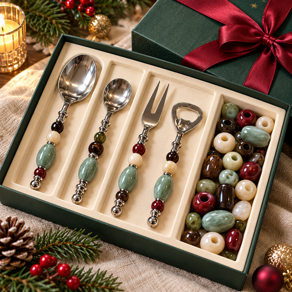 Styled concept gift box showing four bead-handled utensils and resin beads