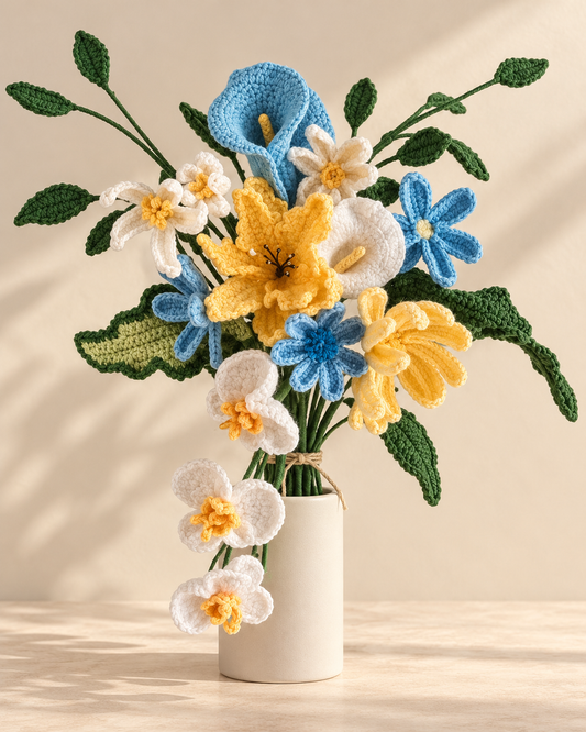 Blue and ivory crochet bouquet design inspiration; vase included with Grand only
