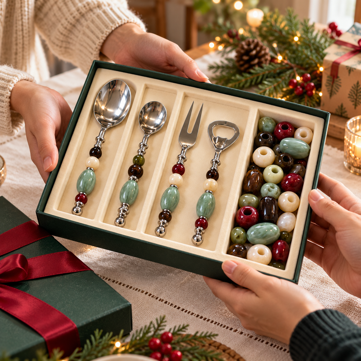 Gift-giving concept featuring a beaded cutlery gift box