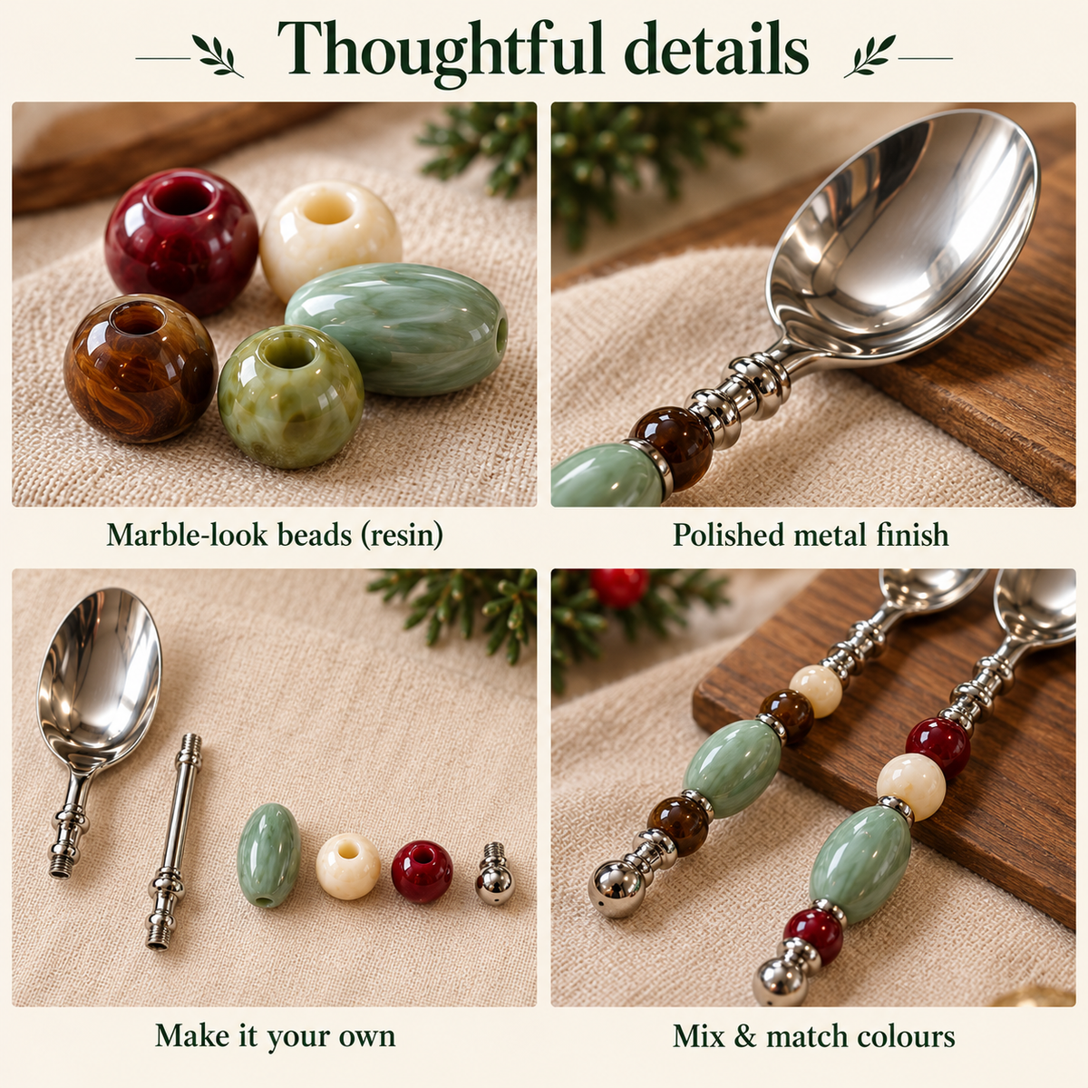 Marble-look resin beads and metal cutlery detail concept