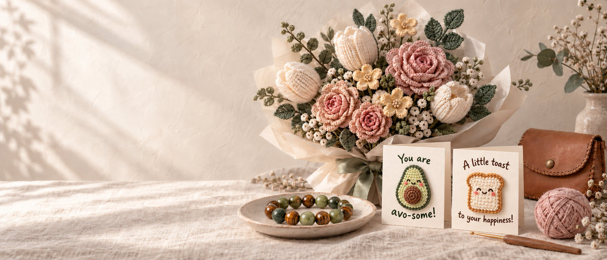 Handmade gift concept with crochet flowers, bead bracelet and two character greeting cards
