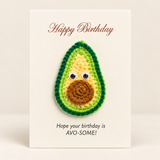 Handmade crochet avocado greeting card on portrait cream cardstock with birthday wording