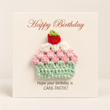 Handmade crochet cupcake greeting card on square cream cardstock with birthday wording