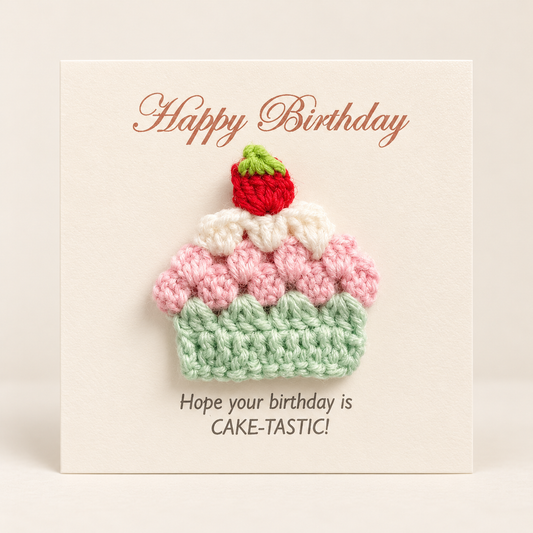Handmade crochet cupcake greeting card on square cream cardstock with birthday wording