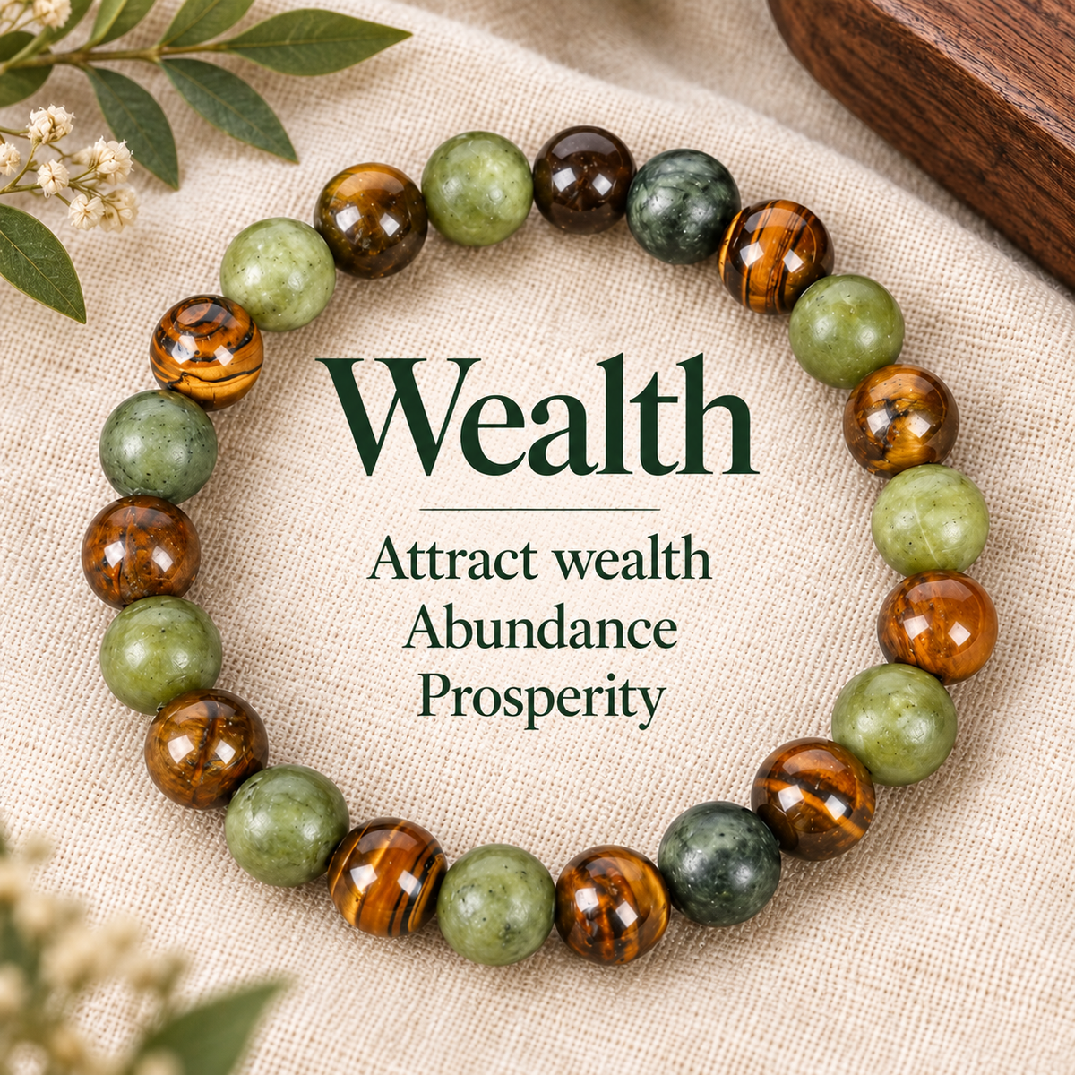 AI concept bracelet with Wealth, Attract wealth, Abundance and Prosperity lettering